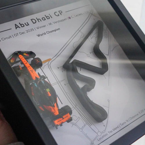 Framed picture of a Formula 1 car on a track diagram with 'Abu Dhabi GP' text.