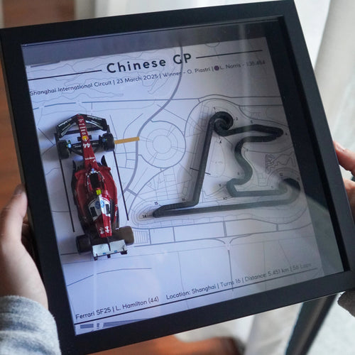 Person holding a tablet displaying a Formula 1 track layout with 'Chinese GP' text.