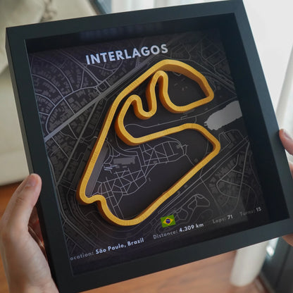Framed map of Interlagos race track held by a person.